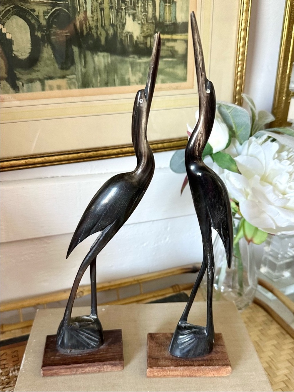 Vintage PAIR India Crane Heron Birds Hand Carved Horn Figurines Mid-Century MCM